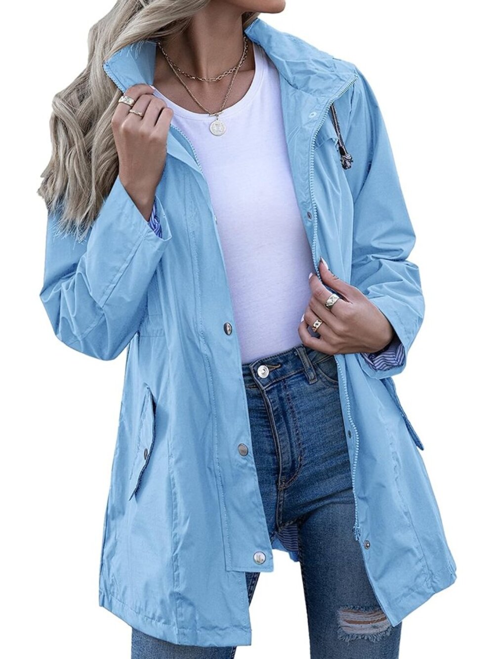 Women's Sky Blue Hooded Striped Lined Waterproof Hiking Packable Rain Jacket